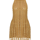 Gold Flower Embroidered Crystal Detailed Fringed Mini Dress