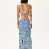 Denim & Lace Crop Top With Gold Metal Centered Flower Embroidery