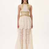 Maxi Dress With Knitted Top and Two Layered Lace Skirt With Gold Metal Borderline