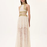 Maxi Dress With Knitted Top and Two Layered Lace Skirt With Gold Metal Borderline