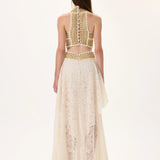 Maxi Dress With Knitted Top and Two Layered Lace Skirt With Gold Metal Borderline