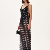 Black Polka Dot Cowl Neckline See Through Chiffon Pareo Dress