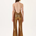 SS26-JS-1001-38 raisa_vanessa bronze-metallic-jersey-gold-accessory-detailed-flare-jumpsuit