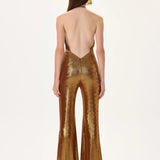 SS26-JS-1001-38 raisa_vanessa bronze-metallic-jersey-gold-accessory-detailed-flare-jumpsuit