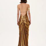 Bronze Metallic Jersey Gown With Front Slit And Train