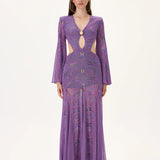 Multicolor Foil-Printed Violet Jersey Dress With Flare Sleeves