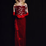 Red Velvet Sculptural Maxi Dress With Crystal Floral Embroidery Corset