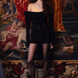 Black Crystal-Embellished Mesh Cowl-Neckline Mini Dress with Sleeves