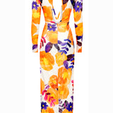 V Neck Long Sleeve Sequined Floral Midi Dress