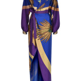Patterned Hooded Maxi Wrap Satin Dress