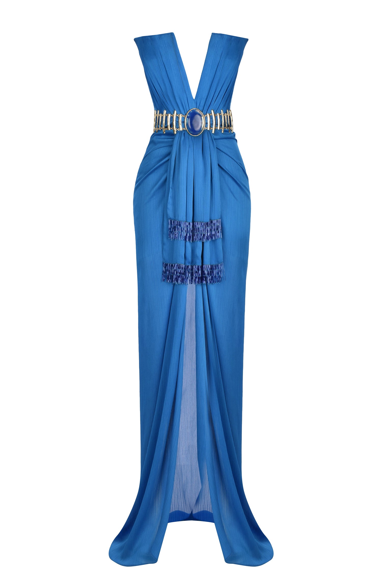 Satin Deep V Neck Strapless Maxi Dress With Gold Belt RAISA VANESSA INT Satin Deep V Neck Strapless Maxi Dress With Gold Belt RAISA VANESSA INT