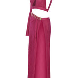 Knit Halter Neck Cutout Maxi Dress With Gold Buckles