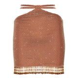 Crystal Embellished Fishnet Mini Skirt With Crossed Straps