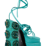 Saten Strappy Platform Sandals With Hand Embroideredand Crystal-Embellishement
