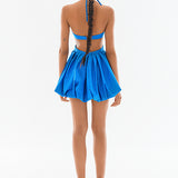 Halter Neck Mini Baloon Faille Cutout Dress With Crystal-Embellishement