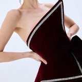 Burgundy Silk Velvet Corseted Architectural Dress With Crystal Border