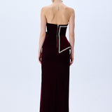 Burgundy Silk Velvet Corseted Architectural Dress With Crystal Border