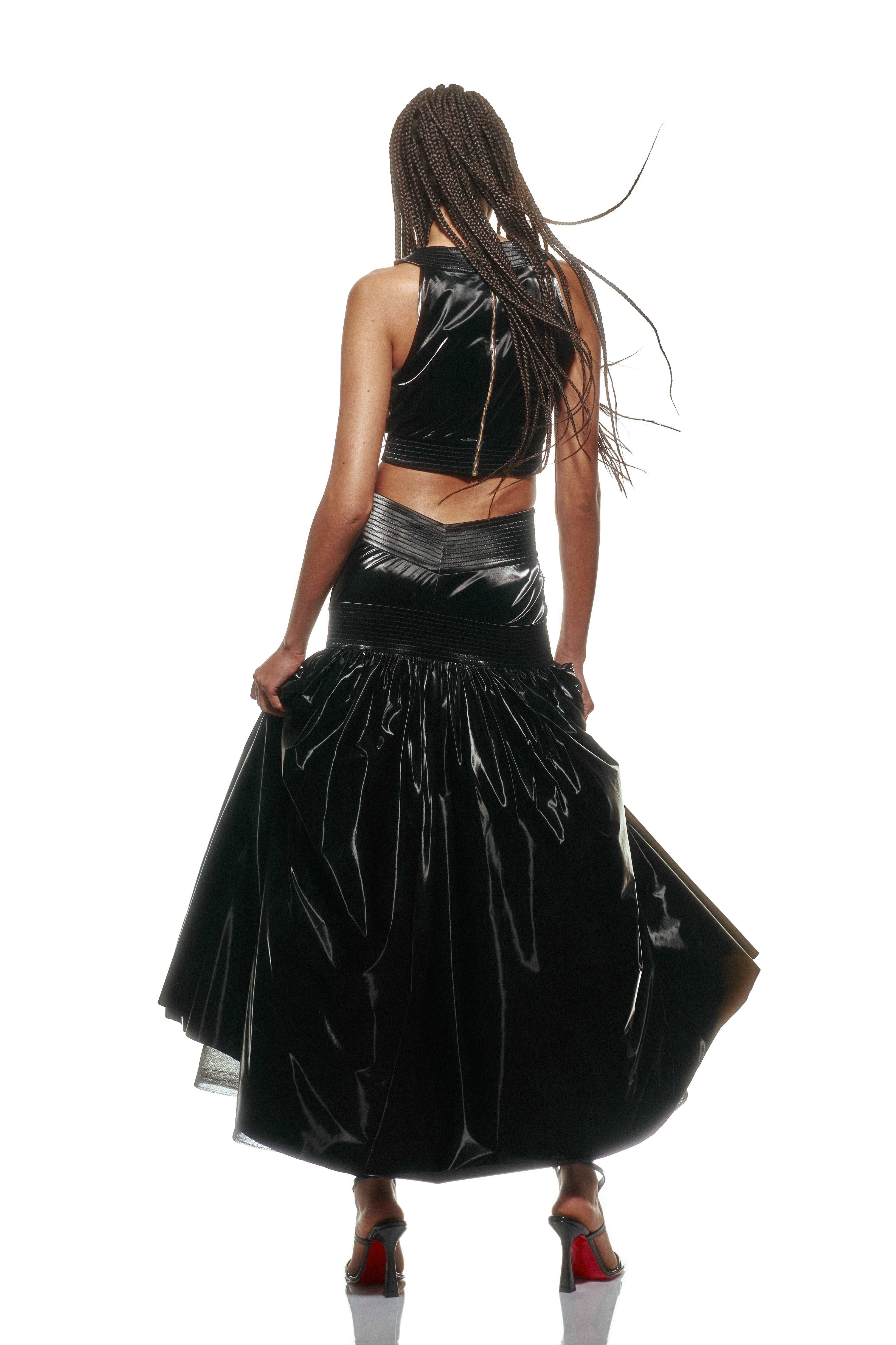 Black Latex Midi Skirt with Embroidery Detail