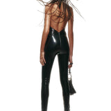 Black Patent Leather Jumpsuit with Gold Belt