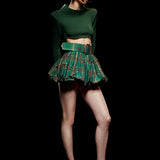 Mini Puffy Skirt In Ecose Green Taffeta with Belt