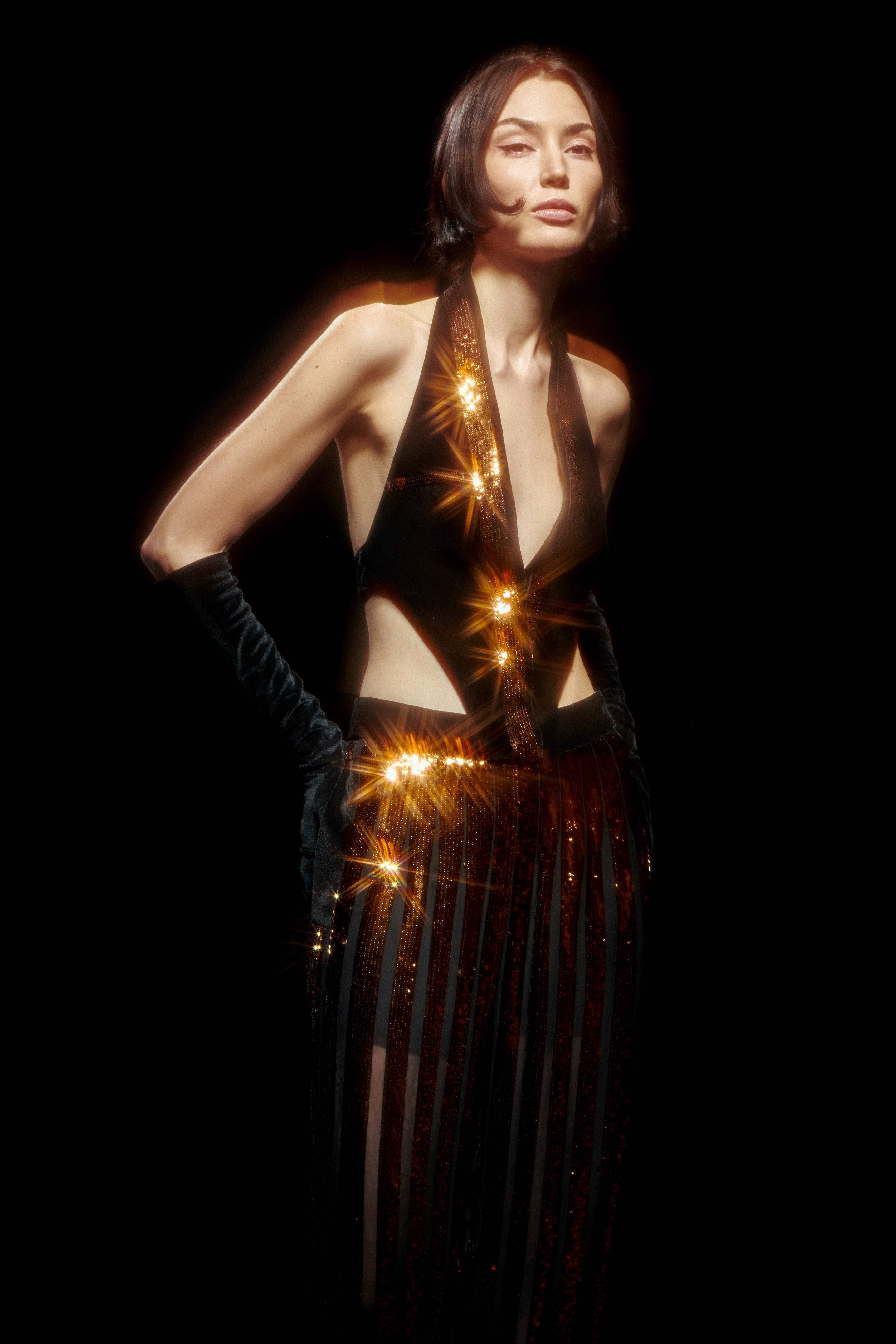 Black/Bronze Sequined Chiffon Jumpsuit