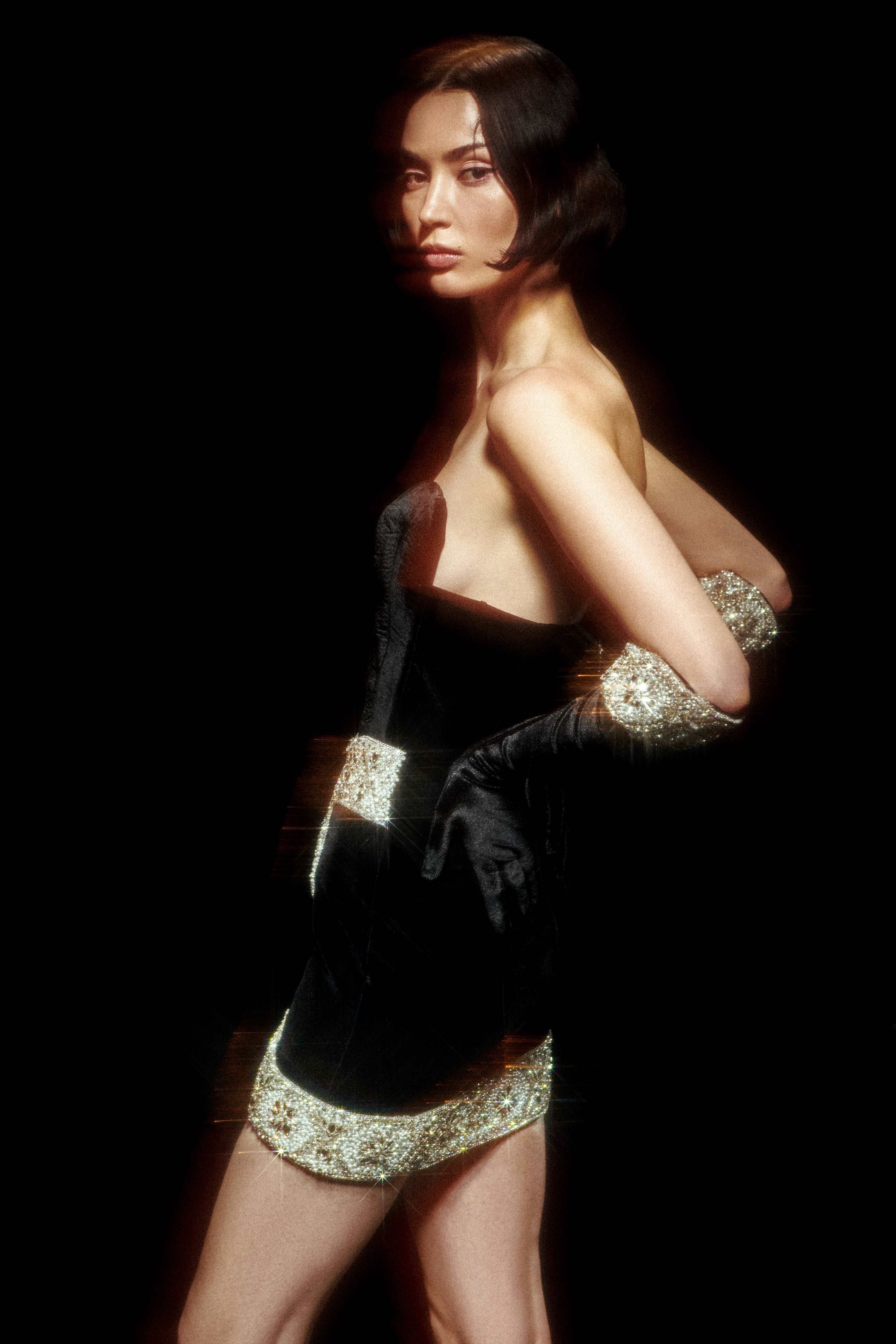 Black Velvet Mini Dress with Crystal Stone Beading Detail