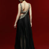 Black Pleated Chiffon Maxi Dress with Cutout and Crystal Beading Details 