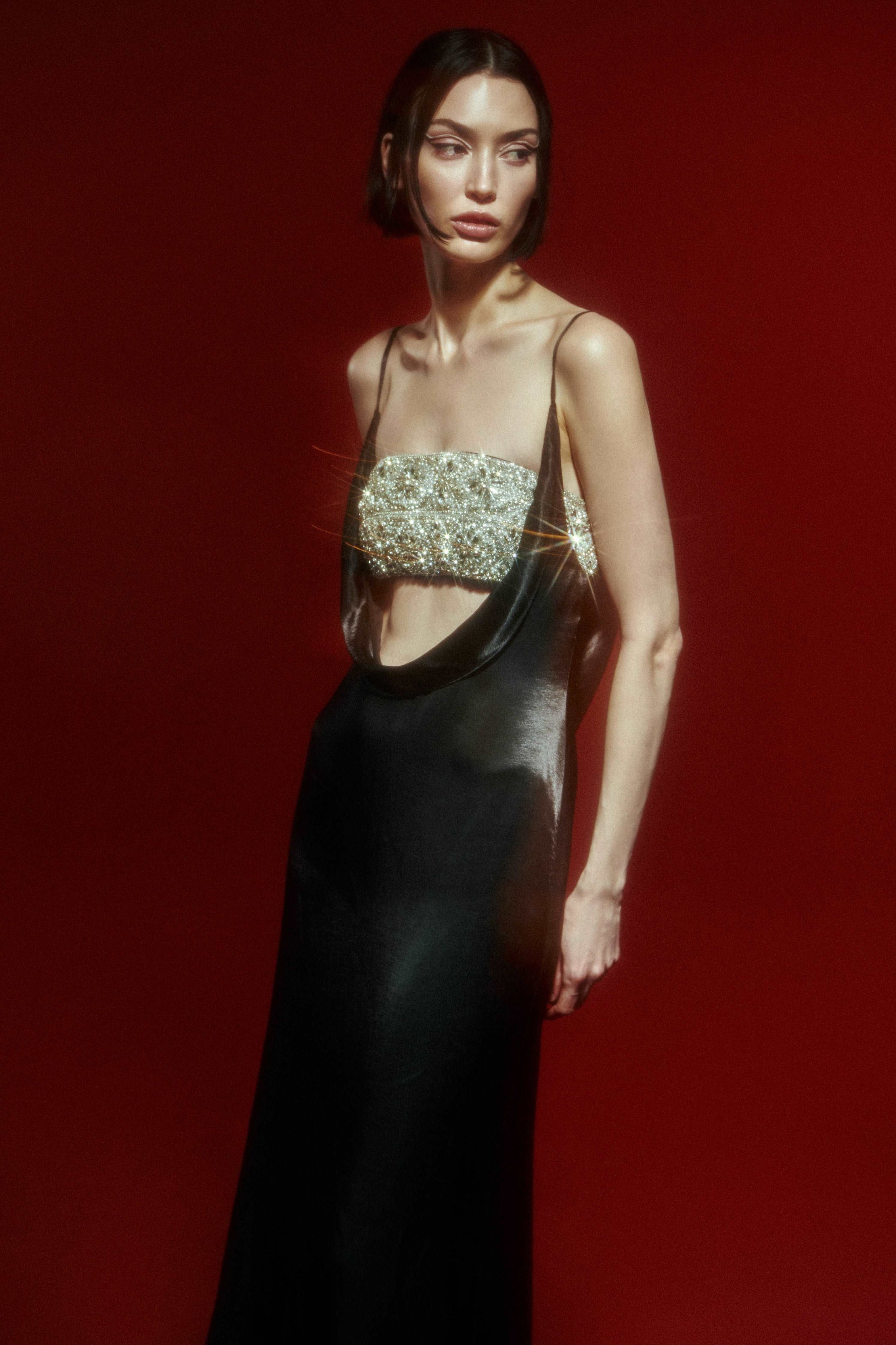 Stretch metallic satin & crystal-beaded top