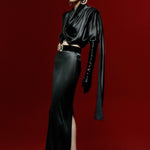 Black Long Sleeve Cross Body Satin Top