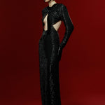 Black Chiffon Maxi Dress with Embroidery and Velvet Open Front Detail