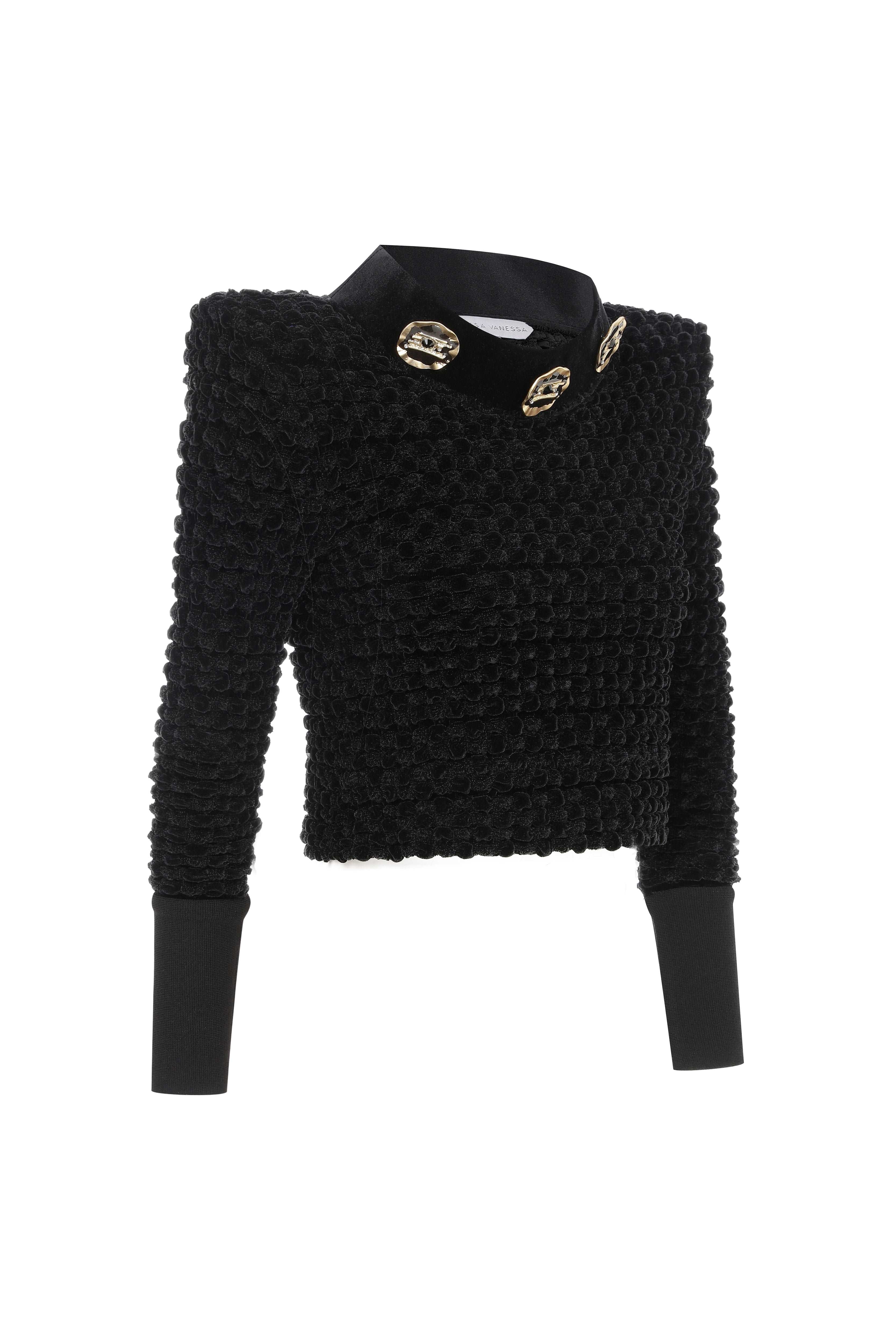 Black Velvet Crochet Sweater with Gold Details