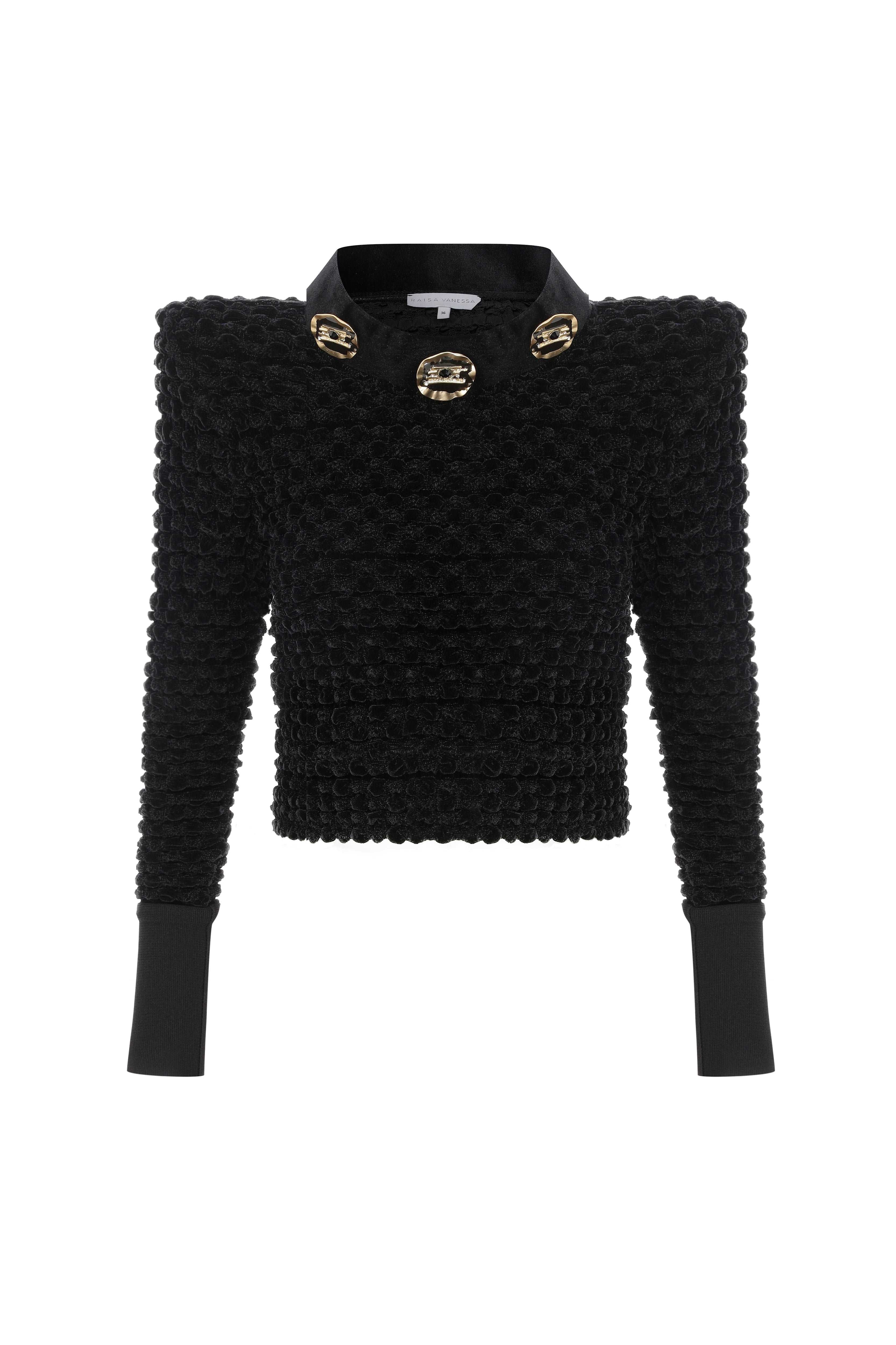 Black Velvet Crochet Sweater with Gold Details