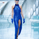 Sapphire Sequined Halter Neck Maxi Dress with Slit