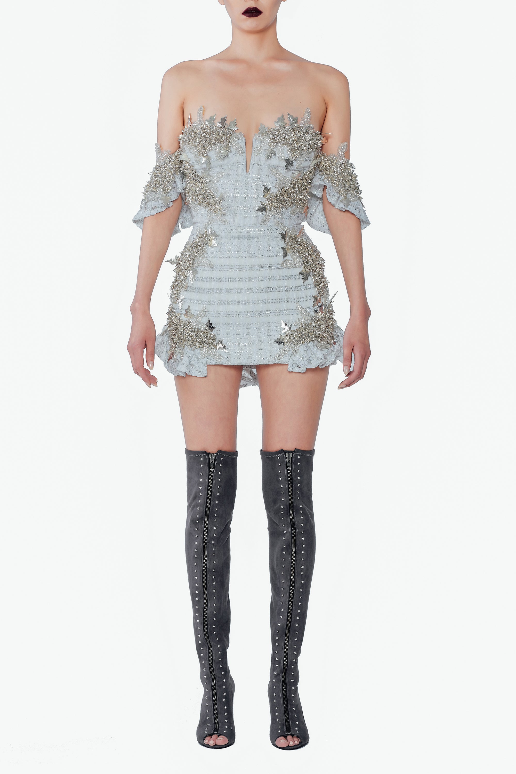 raisa vanessa lace mini dress Denim & Lace Mini Dress With Gold Metal Centered Flower Embroidery RAISA VANESSA INT