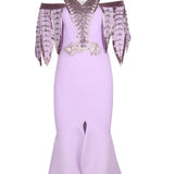 Lilac Embroidered Leaves Knee Length Dress