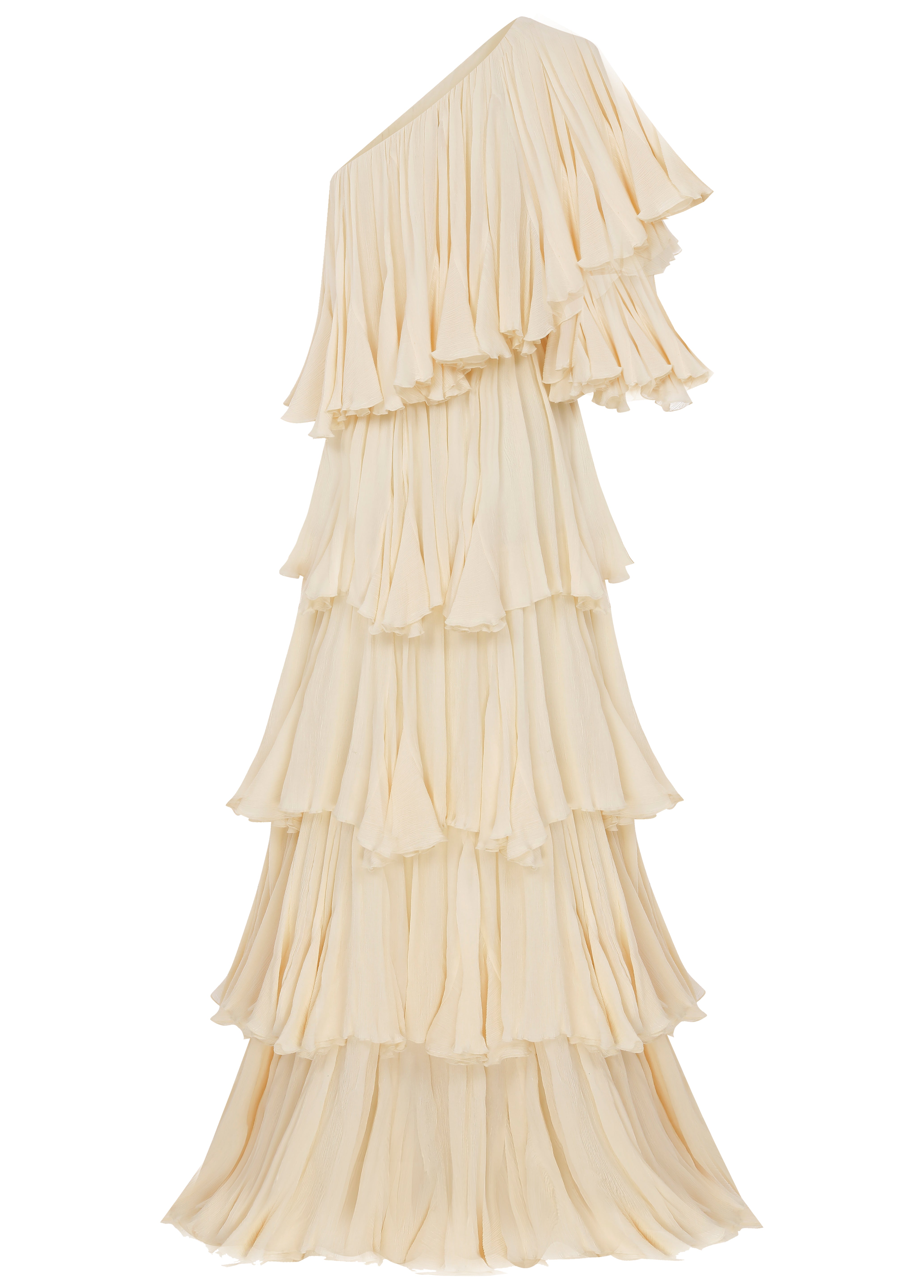 beige ruffle maxi dress Clementine High Low Ruffle Maxi Dress