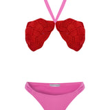 Red & Pink Bikini Set With Handmade Rope Detailed Bra