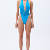 High Waisted Blue Swimsuit With Handmade Belt Detail