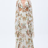 Pleated Chiffon Flower Printed Maxi Dress With Rock Shaped Swarovski Stoned Accessory Detail