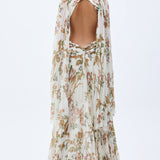 Pleated Chiffon Flower Printed Maxi Dress With Rock Shaped Swarovski Stoned Accessory Detail