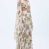 Pleated Chiffon Flower Printed Maxi Dress With Rock Shaped Swarovski Stoned Accessory Detail