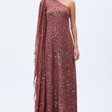 Pale Brick Sequined Chiffon One Shouldered Maxi Dress With Stone Embellishments