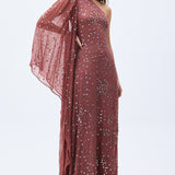 Pale Brick Sequined Chiffon One Shouldered Maxi Dress With Stone Embellishments