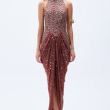 Pale Brick Sequined Chiffon Vase Gown With Slit & Stone Embellishments