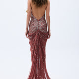 Pale Brick Sequined Chiffon Vase Gown With Slit & Stone Embellishments