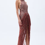 Pale Brick Sequined Chiffon Vase Gown With Slit & Stone Embellishments