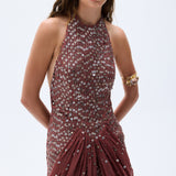 Pale Brick Sequined Chiffon Vase Gown With Slit & Stone Embellishments