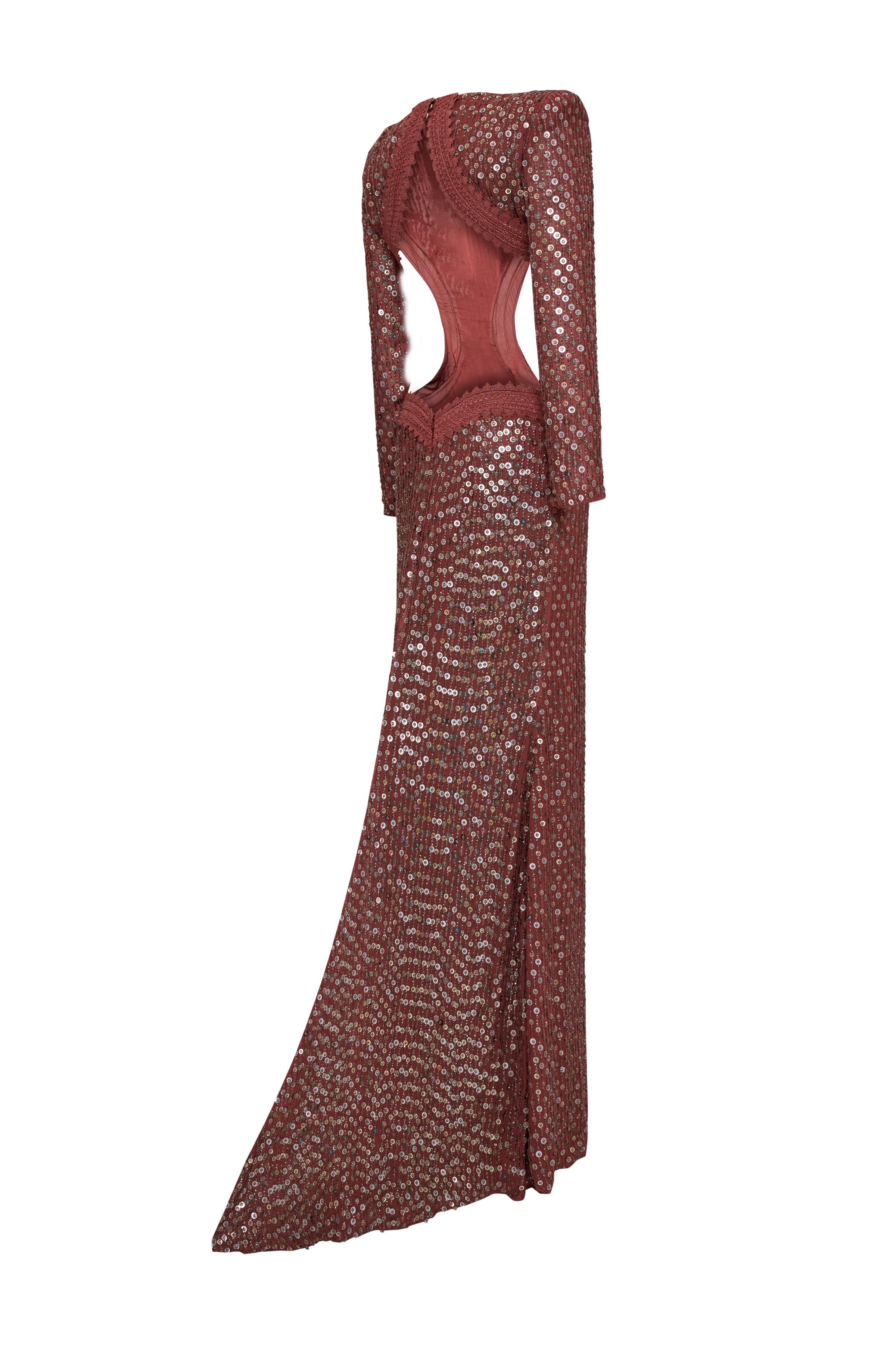 Pale Brick Sequined Chiffon Backless Maxi Dress With Stone Embellishme RAISA VANESSA INT Pale Brick Sequined Chiffon Backless Maxi Dress With Stone Embellishme RAISA VANESSA INT