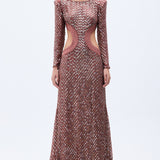 Pale Brick Sequined Chiffon Backless Maxi Dress With Stone Embellishments & Cutout Details