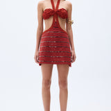 Brick Linen Mini Dress With Sequined Stripes & Handmade Rope Detailed Bra